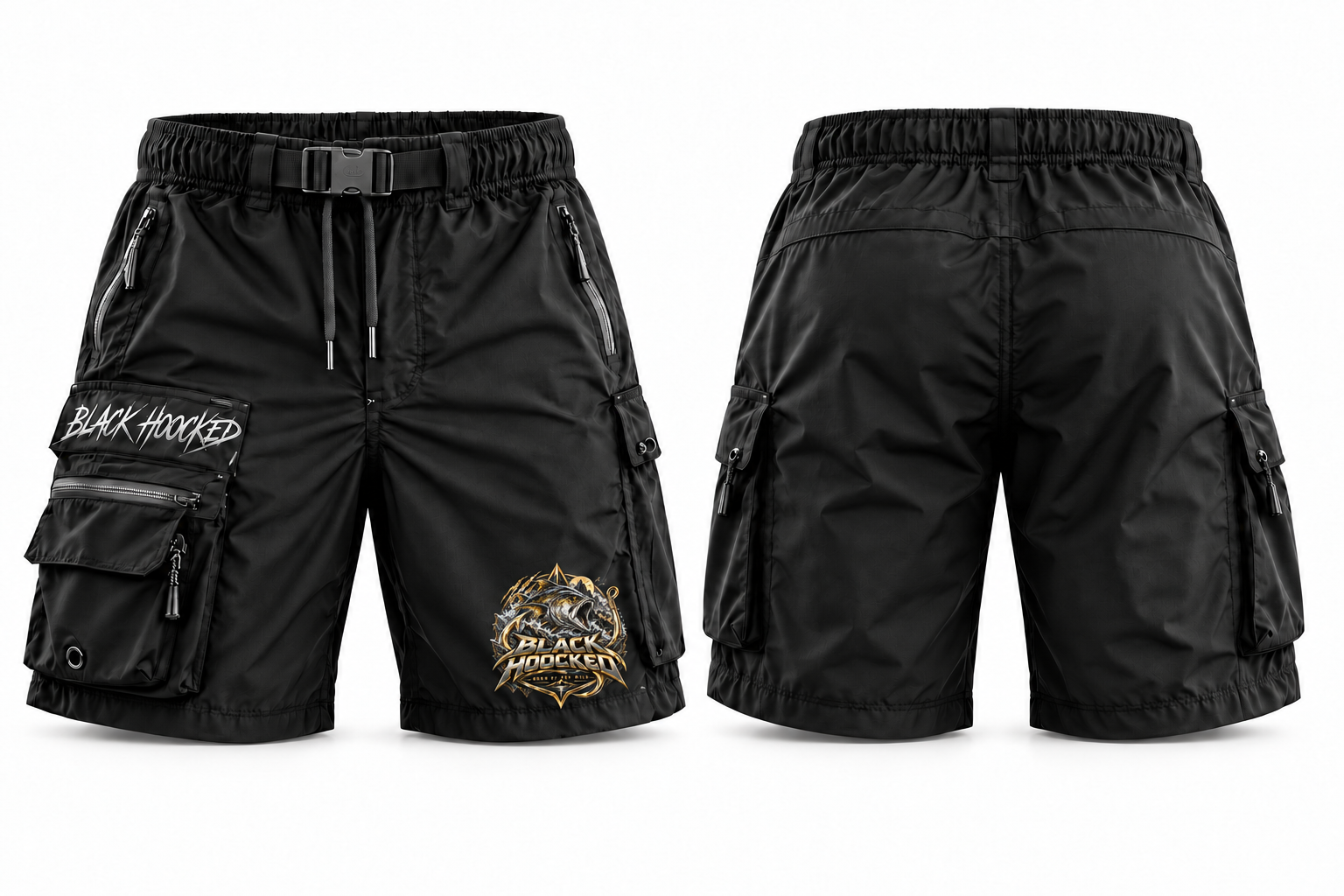 Black fishing shorts, front and back views